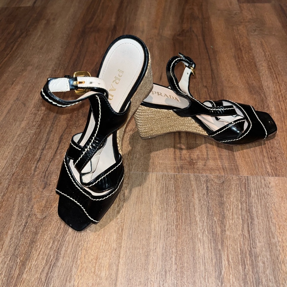 Prada Black Wedge Sandals